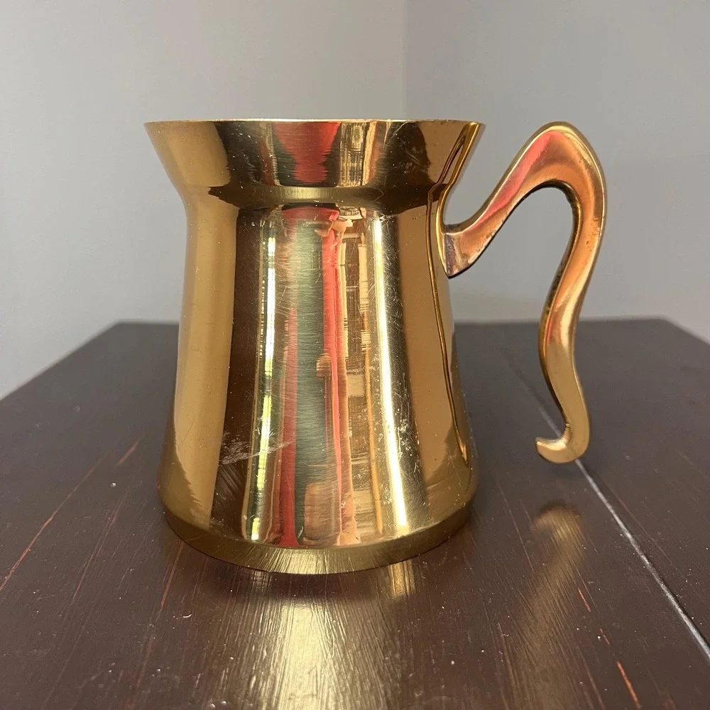 Vintage Brass Tankard Mug Polished Brass Stein Sculptural Handle Mid Century Bar